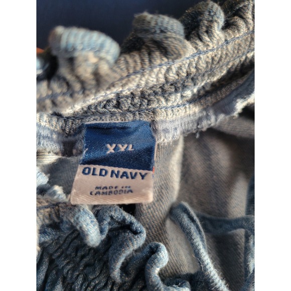 Old Navy XXL Blue Chambray Long Sleeve Tie Neck Smocked Mini Dress Pockets - Picture 6 of 7